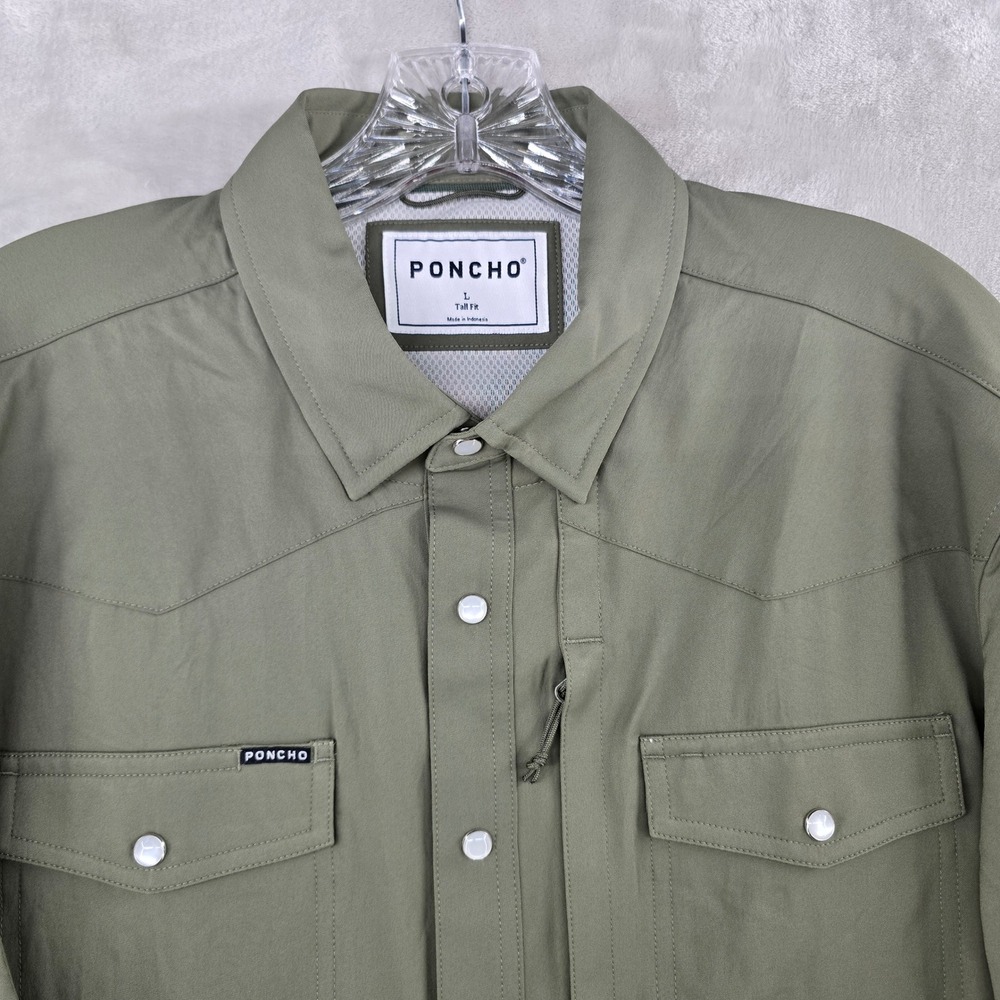Poncho Western Shirt Mens Large Tall Green Performance Pearl snap Long Sleeve